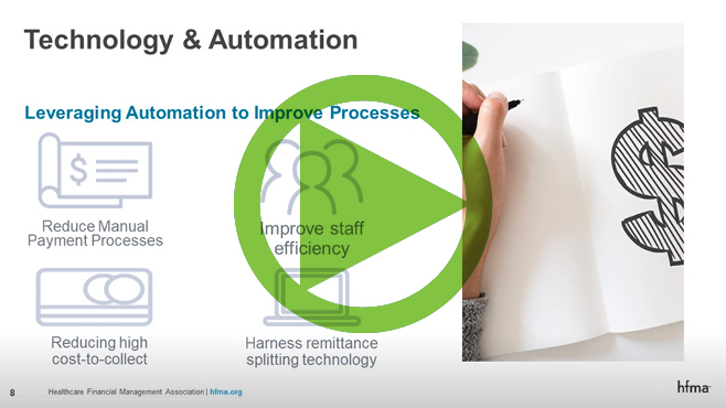 a green arrow over a PowerPoint slide on payment technology and automation